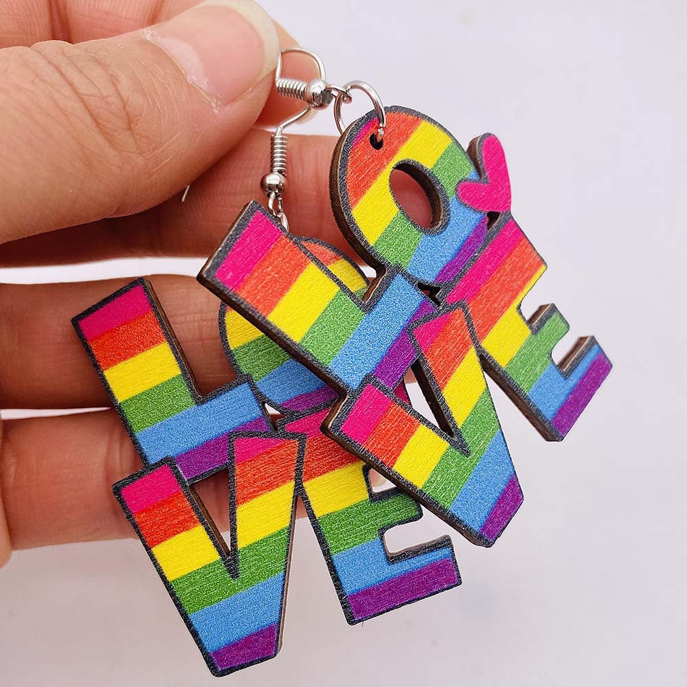 Wholesale Valentine's Day Rainbow LOVE LGBT Wooden Earrings